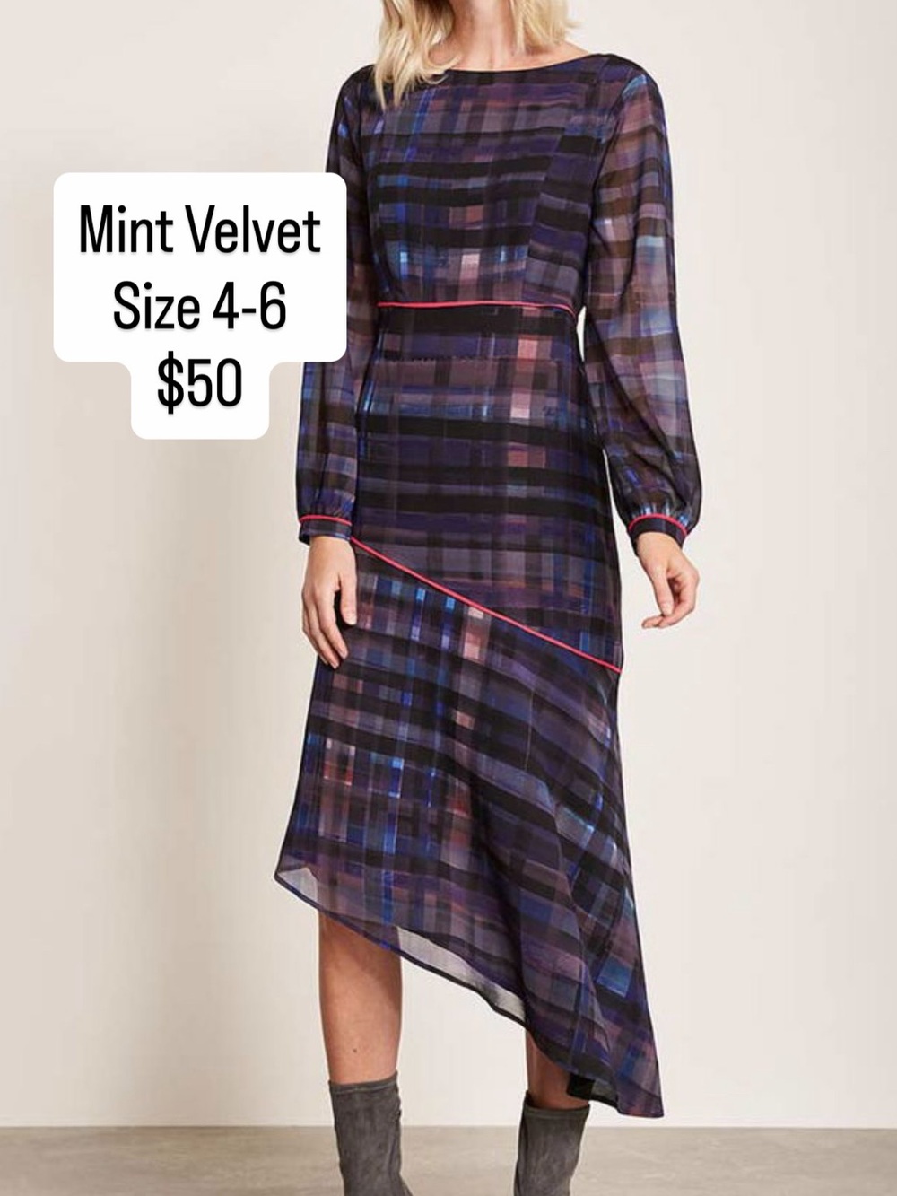 Asymmetrical Plaid Midi Dress in Blue and Purple with Red Trim